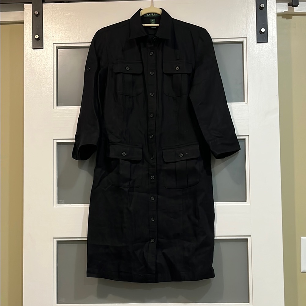 Black Lauren Ralph Lauren linen Women's button down shirt dress 6p